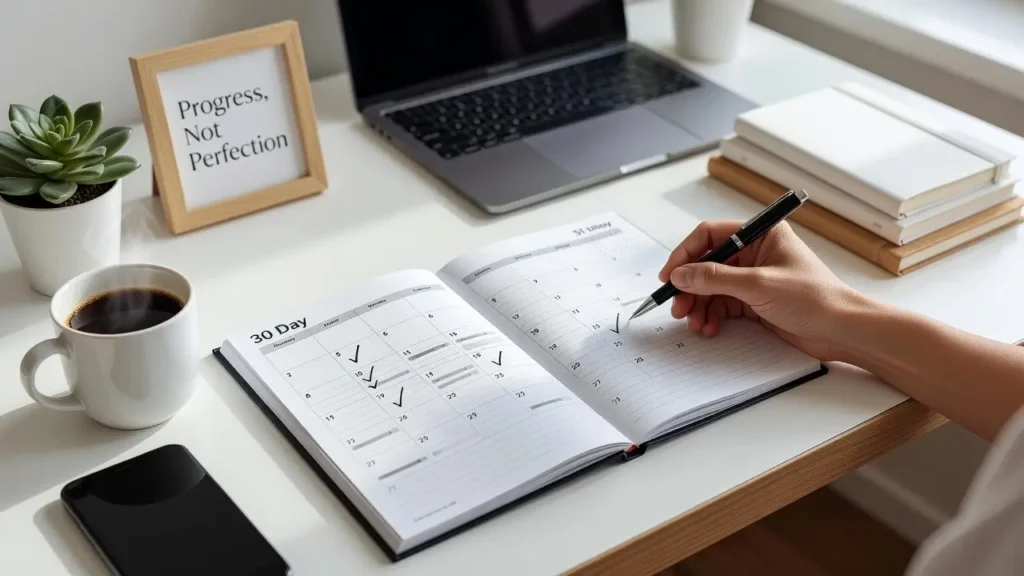 30-day freelance action plan checklist on desk showing step-by-step guide for how to start a freelance business with no experience