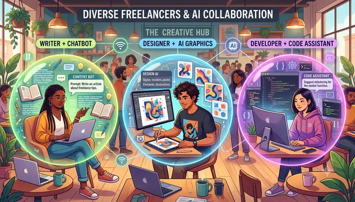 AI use cases by industry showing freelance writers, designers, and developers using AI tools