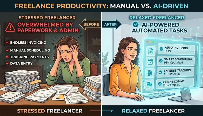 Before and after using AI to automate freelance business showing productivity improvement