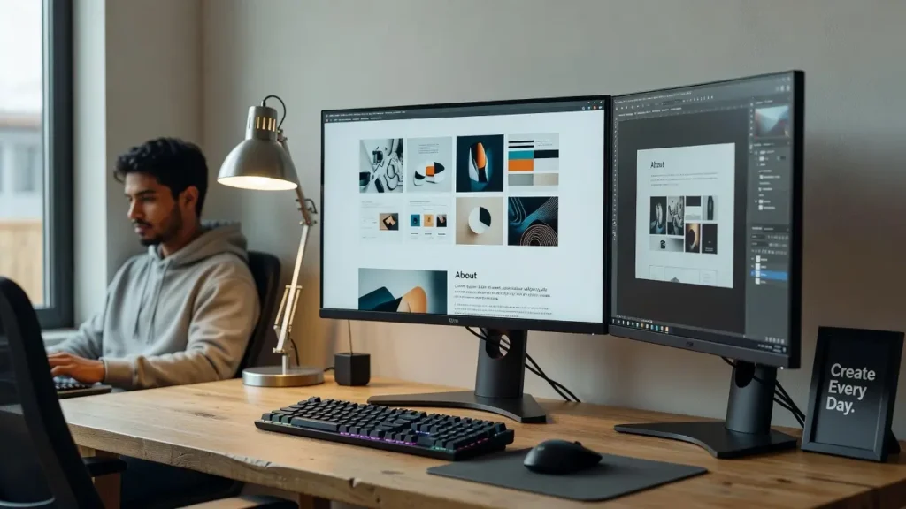Beginner graphic designer using tablet and stylus to create social media graphics learning how to start a freelance graphic design career
