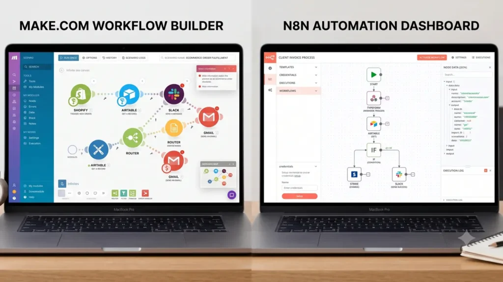 AI automation agency workflow tools comparison showing Make.com and n8n platforms