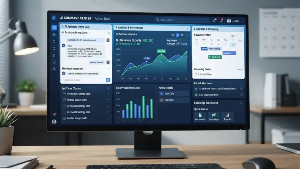 Comprehensive dashboard view of AI tools for virtual assistants 2026 in action