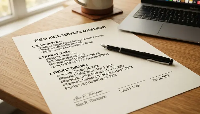Essential elements of a freelance contract template showing payment terms and scope of work sections