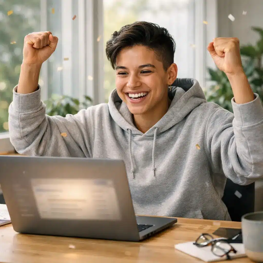 Excited beginner freelancer celebrating landing first client working from home office showing freelance work for students just starting