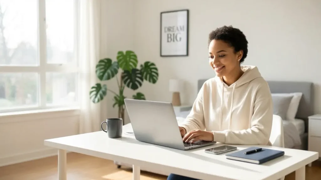 Young beginner freelancer working from home office on laptop learning how to start freelancing with no experience