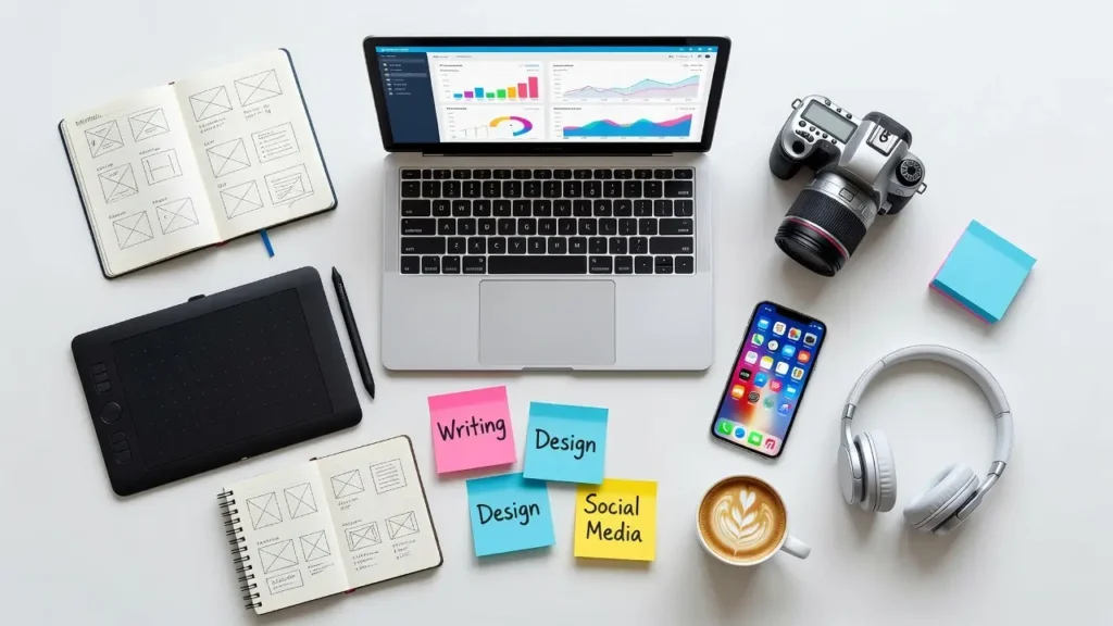 Flat lay workspace showing different freelance career options including writing, graphic design and social media management tools