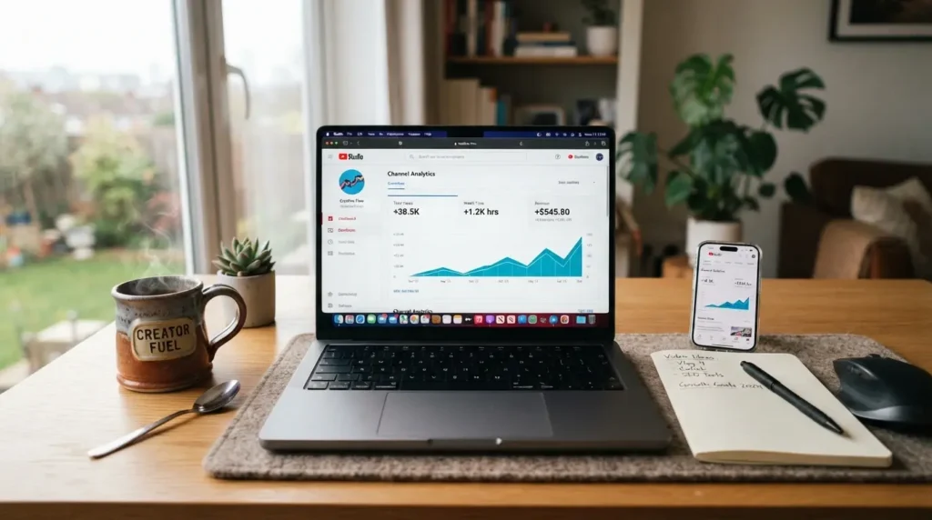 "YouTube automation workspace with AI tools for beginners showing channel growth analytics"
