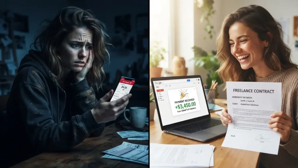 How a freelance contract protects you from non-payment - before and after comparison