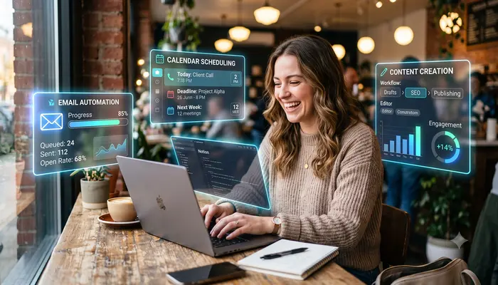 Freelancer using AI to automate business tasks with laptop showing automation tools