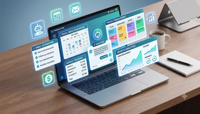 AI automation dashboard interface showing integrated tools for freelance business including email management, scheduling, invoicing and project tracking. How to Automate Freelance Business Using AI