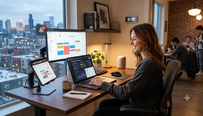 AI business integration showing automated scheduling and project management for freelancers"