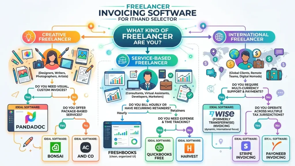 A decision-making flowchart infographic showing different freelancer types (creative, service-based, international) pointing to their ideal invoicing software. Colorful, modern design, easy to read.