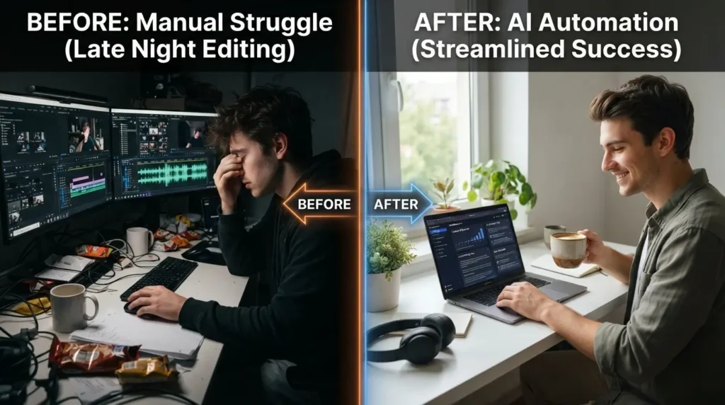 "Comparison of manual YouTube editing versus using AI tools for YouTube automation"