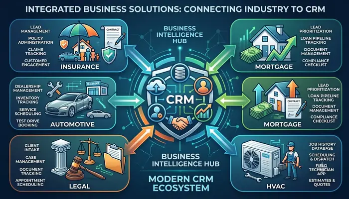 Industry-specific CRM software solutions including insurance, automotive, legal, mortgage, and HVAC