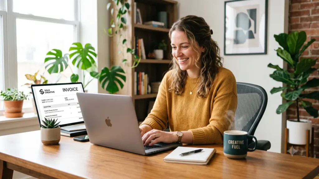 Freelancer using best invoicing software for freelancers in USA on laptop