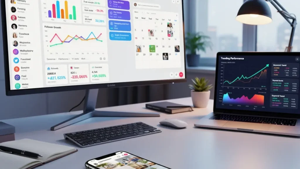 Social media manager creating content strategy with ChatGPT across platforms