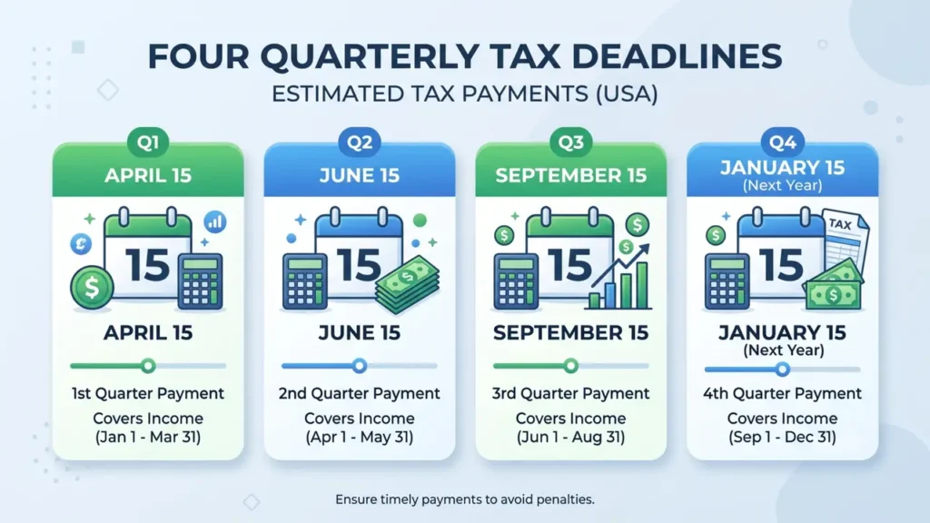 "Quarterly tax payment deadlines calendar for freelancers showing when to pay freelance taxes in USA"