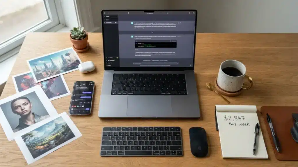 AI tools workspace setup showing ChatGPT and Sider AI being used for profitable side hustle work