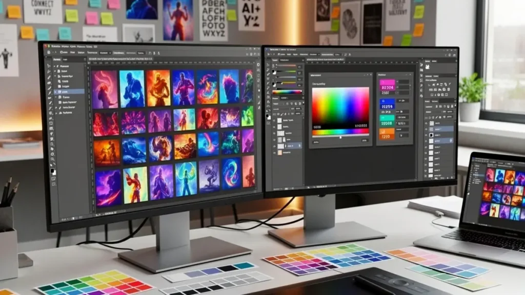 Graphic designer creating custom images using ChatGPT AI image generation