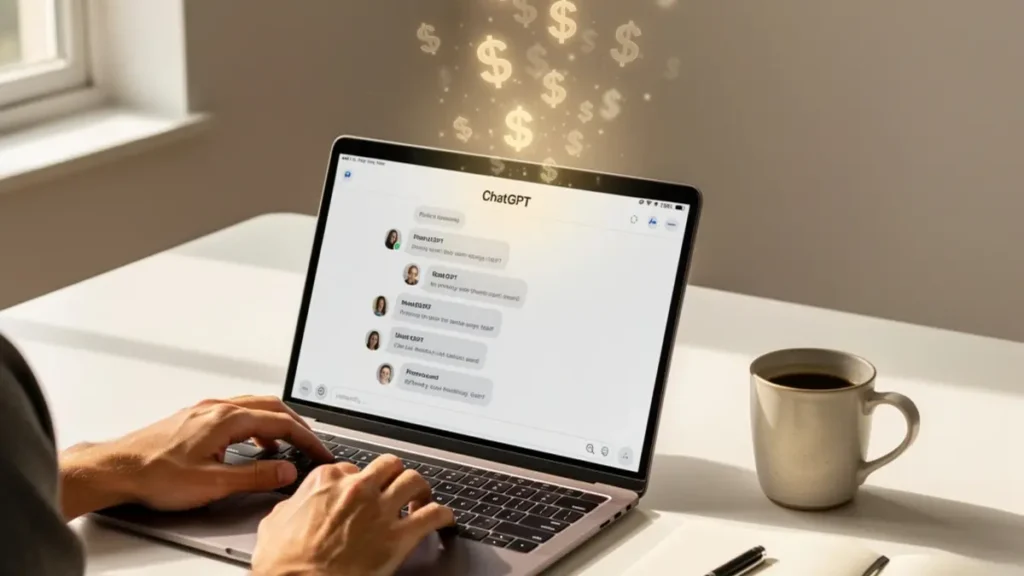 Person making money with ChatGPT on laptop in modern home office
