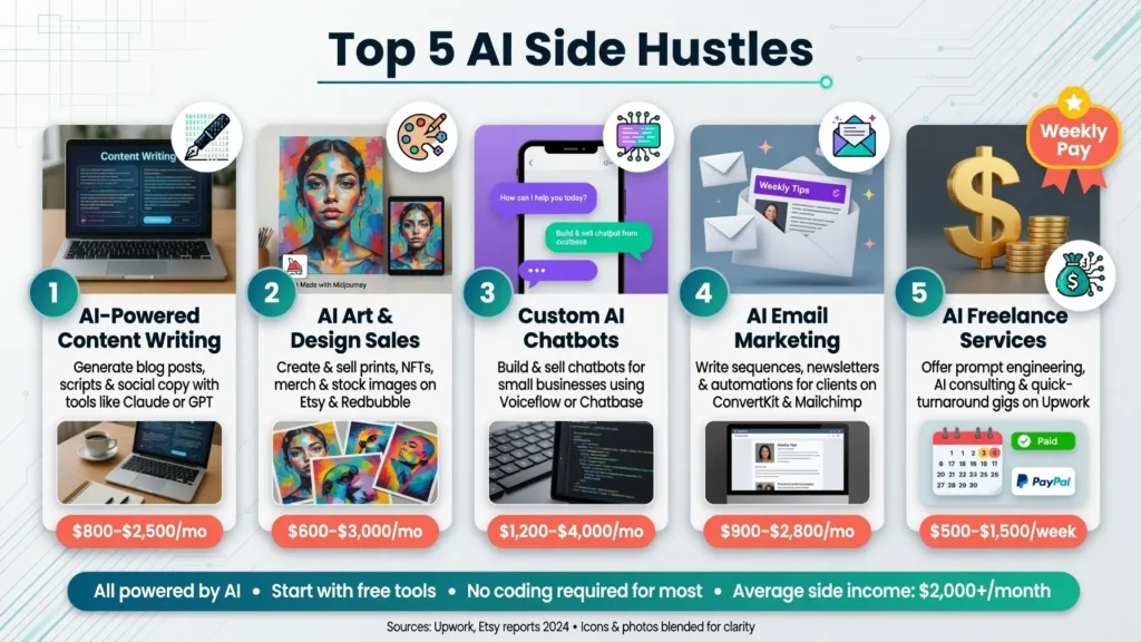 Top 5 AI side hustles that pay weekly in USA including content writing and AI image generation