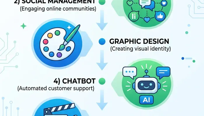 Infographic showing seven ways to make money with AI tools including content writing, social media, design, and chatbots