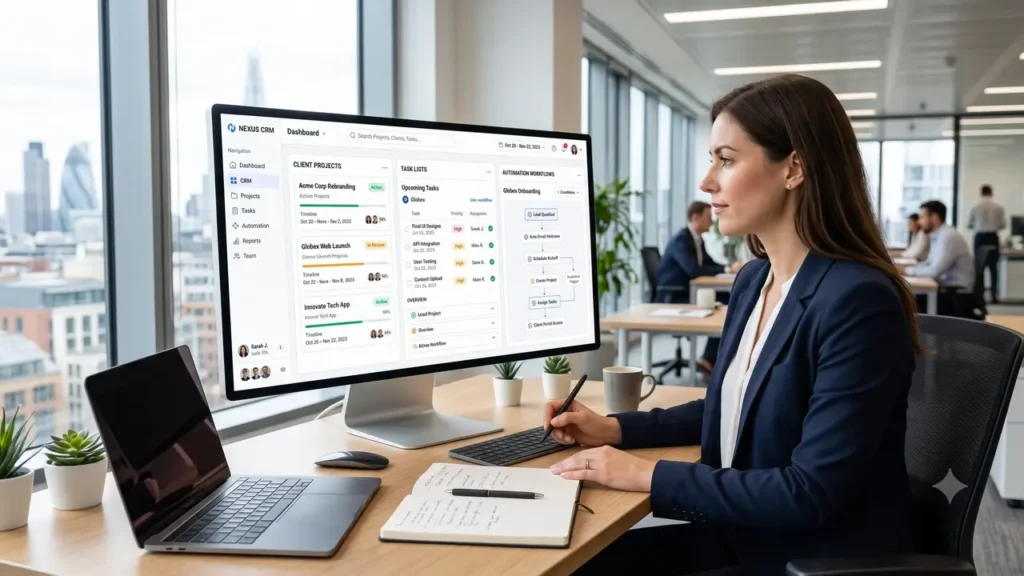 "Professional business dashboard showing CRM interface with client projects, task lists, and automation workflows organized in modern project management software, clean UI, bright professional workspace"