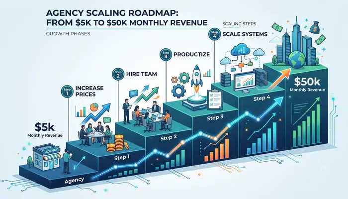 Business growth chart showing agency scaling from $5k to $50k monthly revenue, modern infographic with ascending steps labeled 'Increase Prices,' 'Hire Team,' 'Productize,' 'Scale Systems,' professional business visualization"