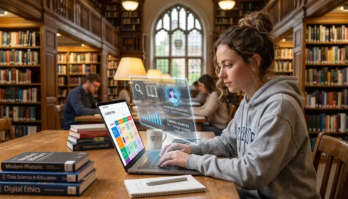 Student using AI tools for academic writing in library setting