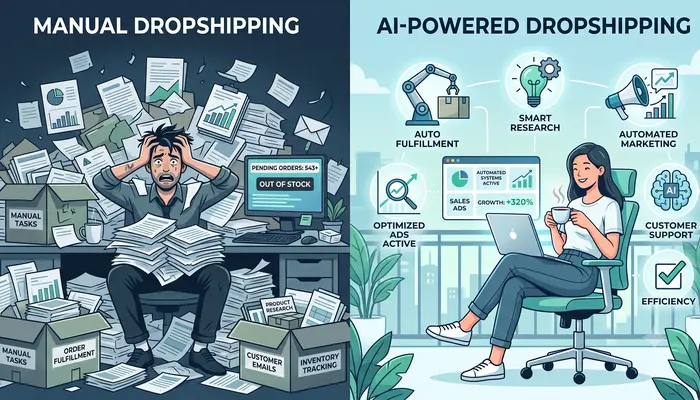 AI tools for Shopify dropshipping comparison showing manual vs automated workflow