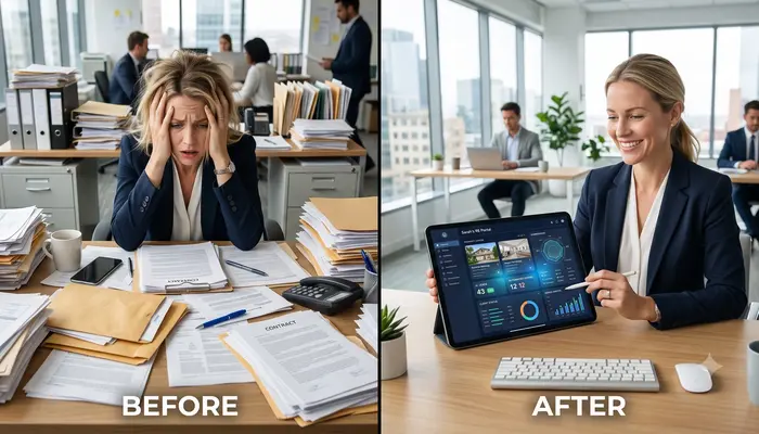 Before and after using AI tools for real estate agents showing improved productivity
