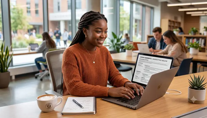 Student using AI tools for resume writing USA on laptop with professional resume template displayed on screen