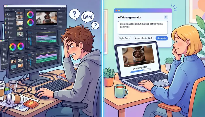 Best AI Video Generators for YouTube Automation comparison showing manual editing versus AI automation for YouTube content