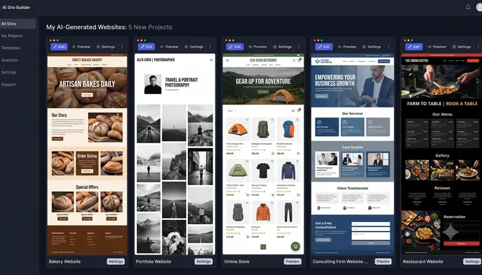 Different types of small business websites created with best AI website builders for 2026