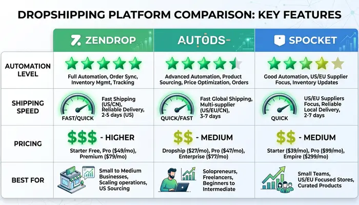 Apps for dropshipping comparison chart showing AI features