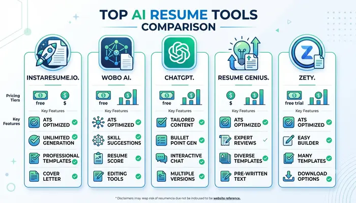 Comparison of best AI resume builders including InstaResume, Wobo AI, and ChatGPT resume writer with features and pricing