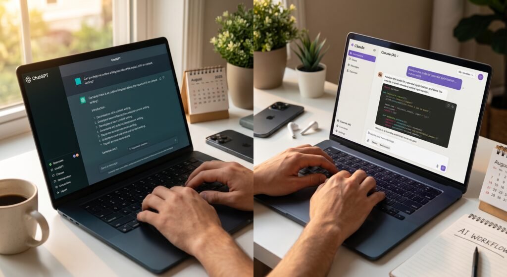 ChatGPT vs Claude interface comparison for freelancers working on laptop