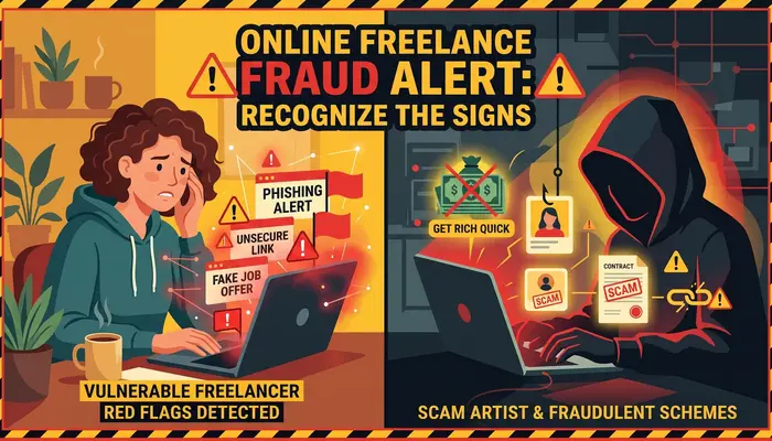 How to avoid freelance scams in USA - visual guide showing warning signs and red flags of common scammer tactics
