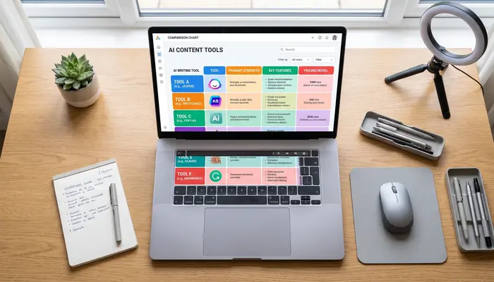 Comparison of best AI writing tools for bloggers 2026 on laptop screen