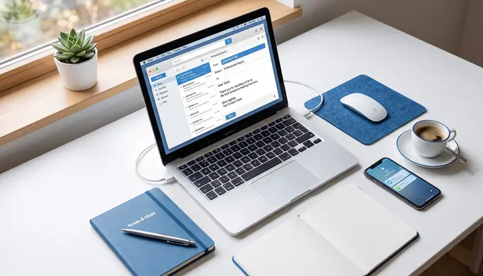 Professional contact page illustration showing laptop with email contact form, smartphone, and office desk setup representing business communication and partnership opportunities with Themeron