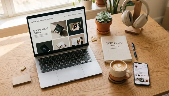 Freelance portfolio examples workspace showing laptop with portfolio website examples for beginners