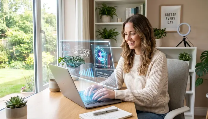 Blogger using best AI writing tools for content creation in modern workspace