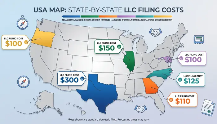LLC cost comparison across Texas, Illinois, Georgia, Maryland, North Carolina, and Oregon business entity search states