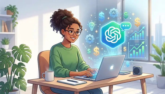 Young professional using AI tools on laptop to make money online with dollar signs and ChatGPT interface visible
