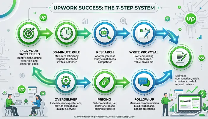 7-step system for how to get clients on Upwork in USA - complete beginner's roadmap to landing first freelance client