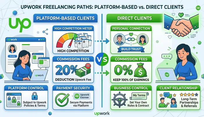 Comparison of finding clients on Upwork versus direct client acquisition for USA freelancers - scaling your income beyond platforms