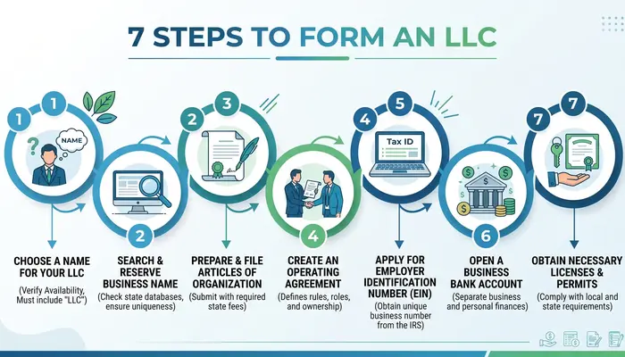 Seven-step process infographic for LLC formation services and starting a freelance LLC