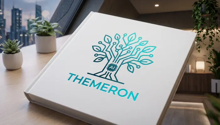 Learn AI Skills. About Themeron. A sleek, modern digital workspace in a futuristic minimalist style,