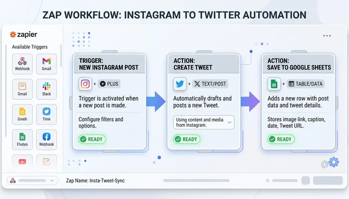 Screenshot showing no-code automation platform workflow connecting Instagram posts to automatic Twitter sharing and Google Sheets tracking