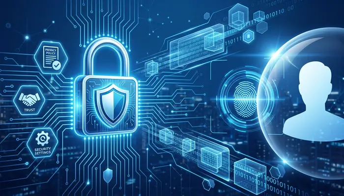 Privacy policy and data protection illustration showing secure user information with shield and padlock symbolizing online security and trust